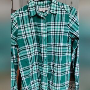 LOFT Green and White Plaid Flannel Button-Down Shirt